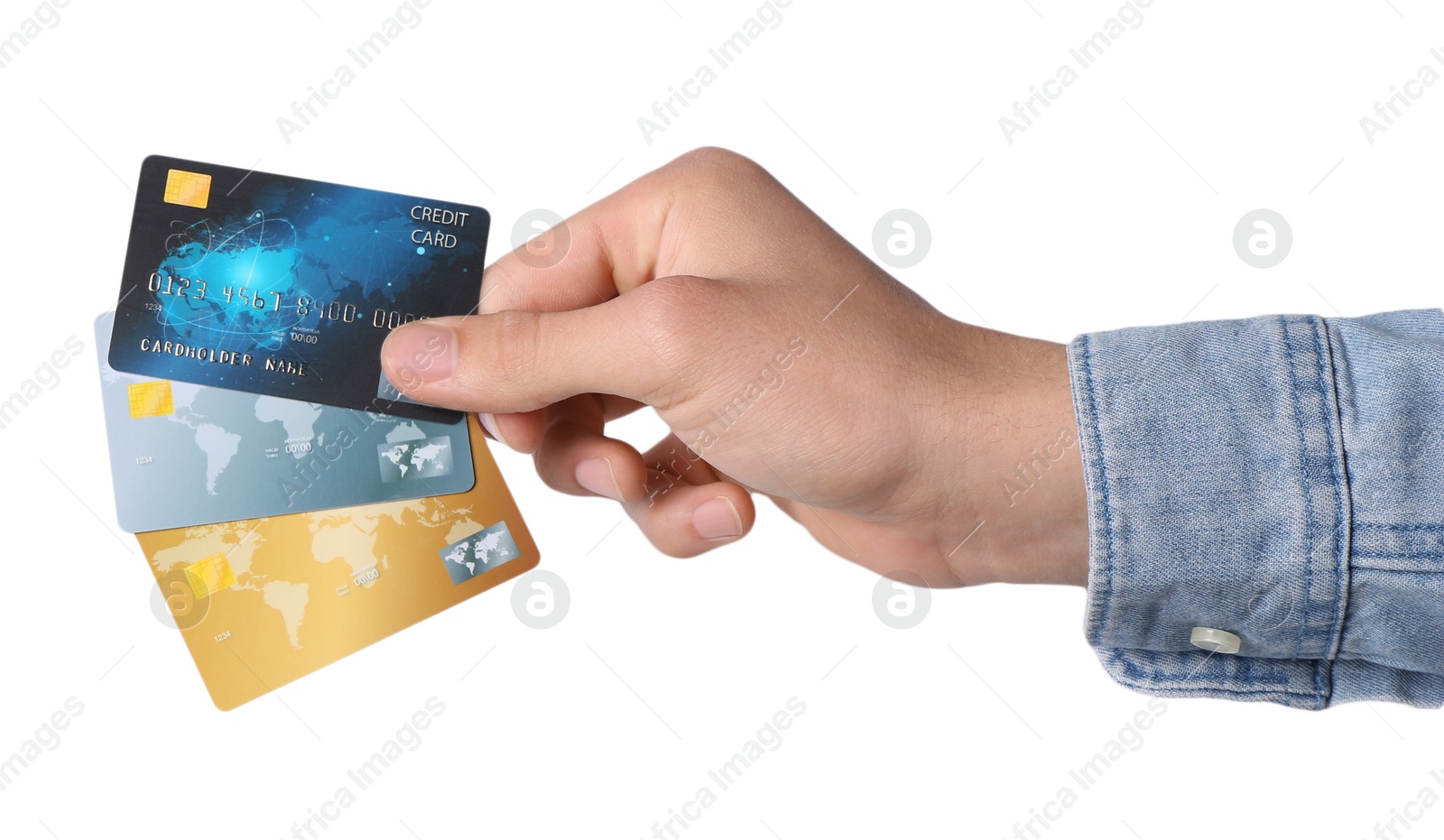 Photo of Man holding credit cards on white background, closeup