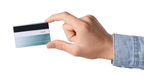 Man holding credit card on white background, closeup