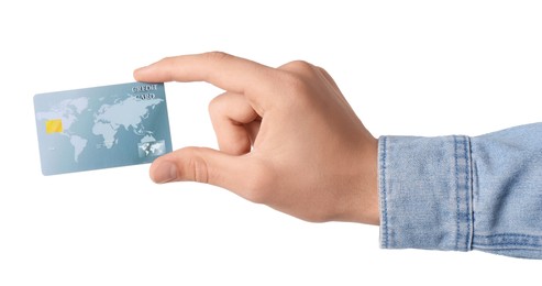 Photo of Man holding credit card on white background, closeup