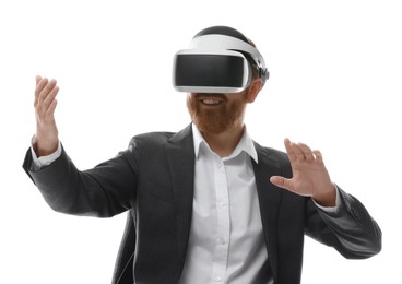 Photo of Smiling man using virtual reality headset while sitting in office chair on white background