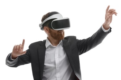 Photo of Man using virtual reality headset while sitting in office chair on white background