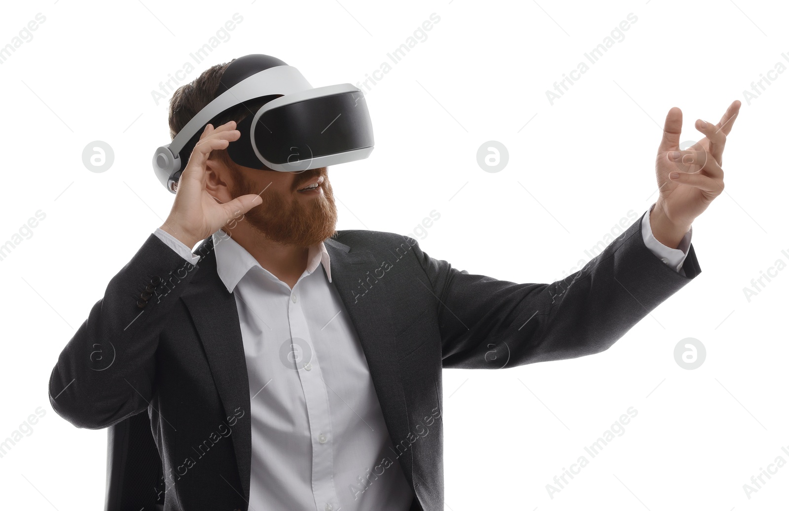 Photo of Man using virtual reality headset while sitting in office chair on white background