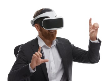 Photo of Smiling man using virtual reality headset while sitting in office chair on white background