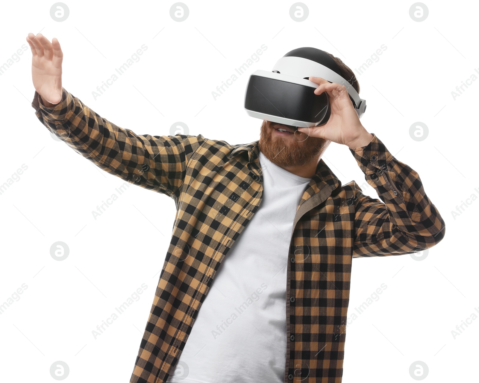 Photo of Man using virtual reality headset on white background