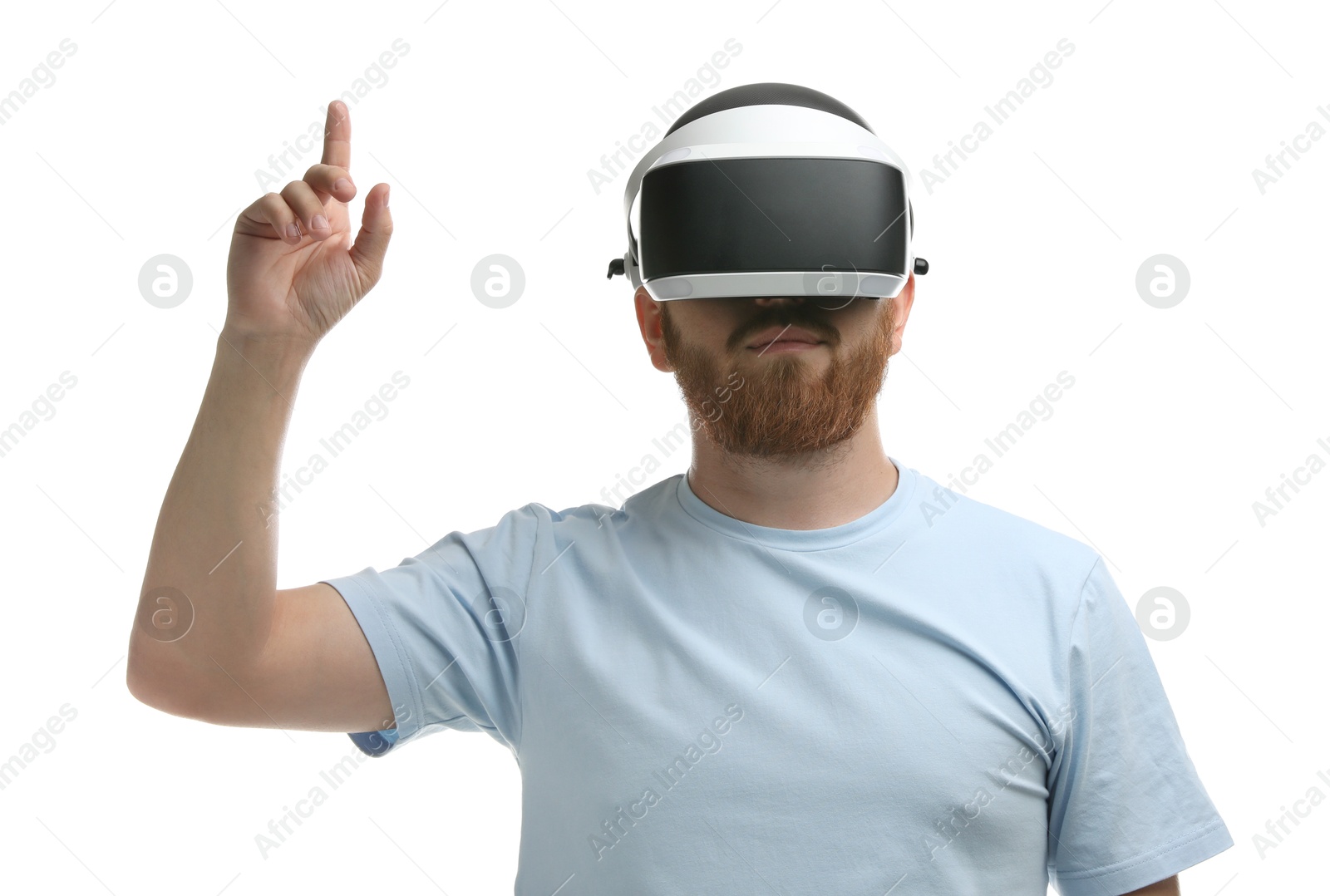 Photo of Man using virtual reality headset on white background