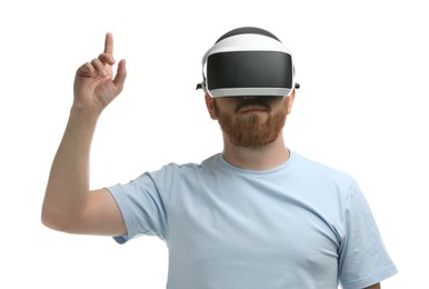 Photo of Man using virtual reality headset on white background