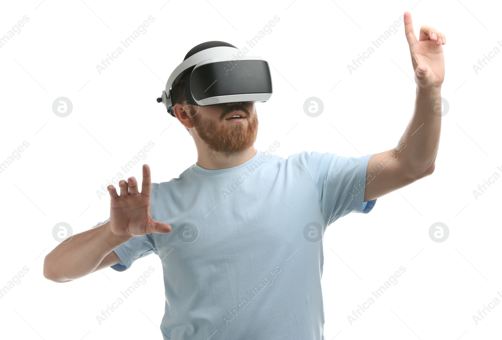 Photo of Man using virtual reality headset on white background