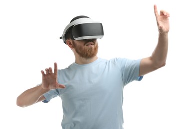 Photo of Man using virtual reality headset on white background