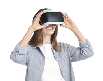 Photo of Smiling woman using virtual reality headset on white background