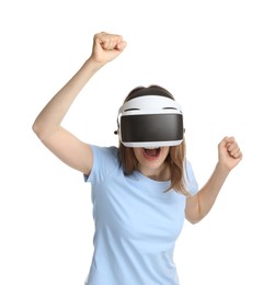 Photo of Emotional woman using virtual reality headset on white background