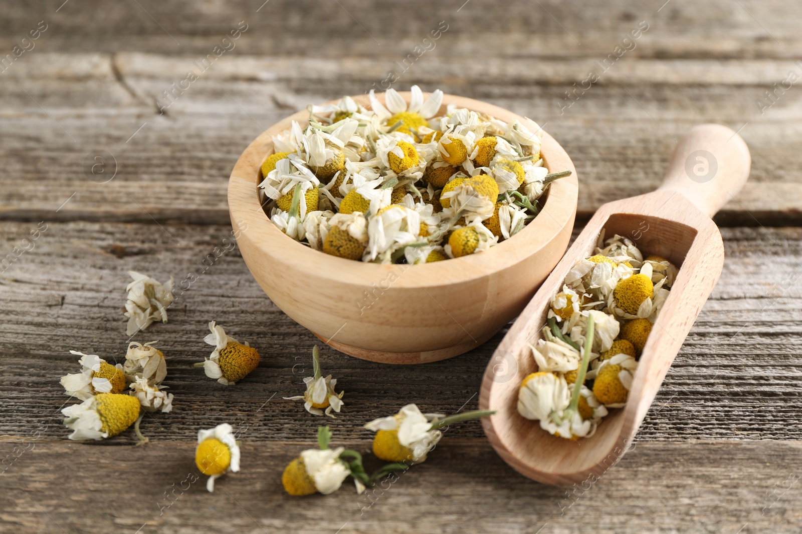 Photo of Chamomile flowers in bowl and scoop on wooden table, closeup