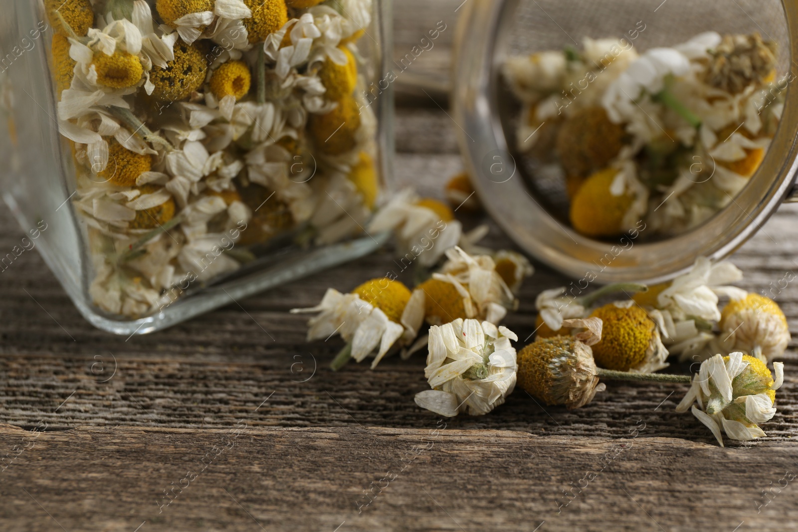 Photo of Chamomile flowers in glass jar and sieve on wooden table, closeup