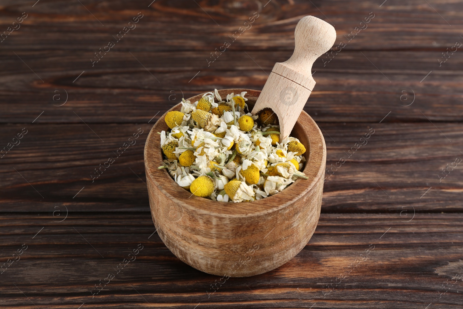 Photo of Dry and fresh chamomile flowers with scoop in bowl on white wooden table