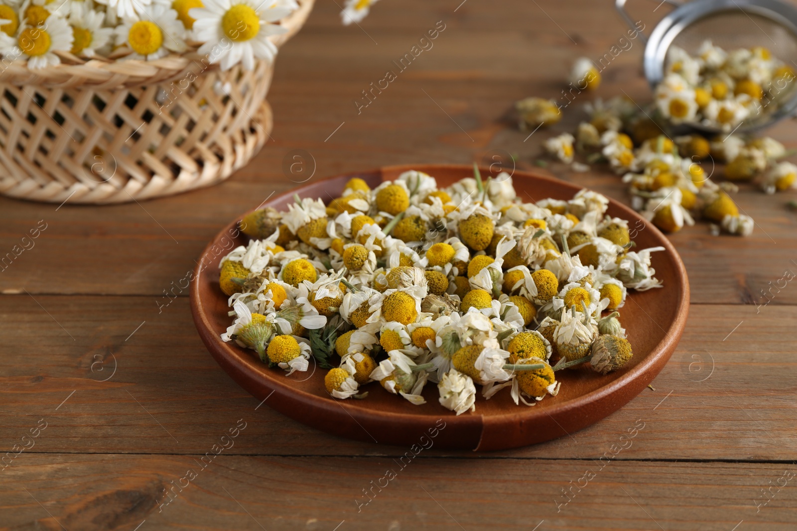 Photo of Dry and fresh chamomile flowers on wooden table