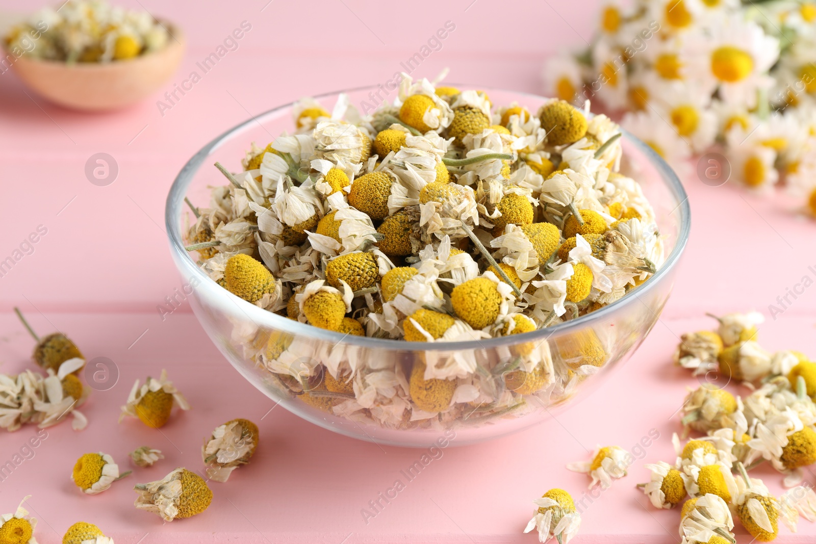 Photo of Chamomile flowers in glass bowl on pink wooden table, closeup