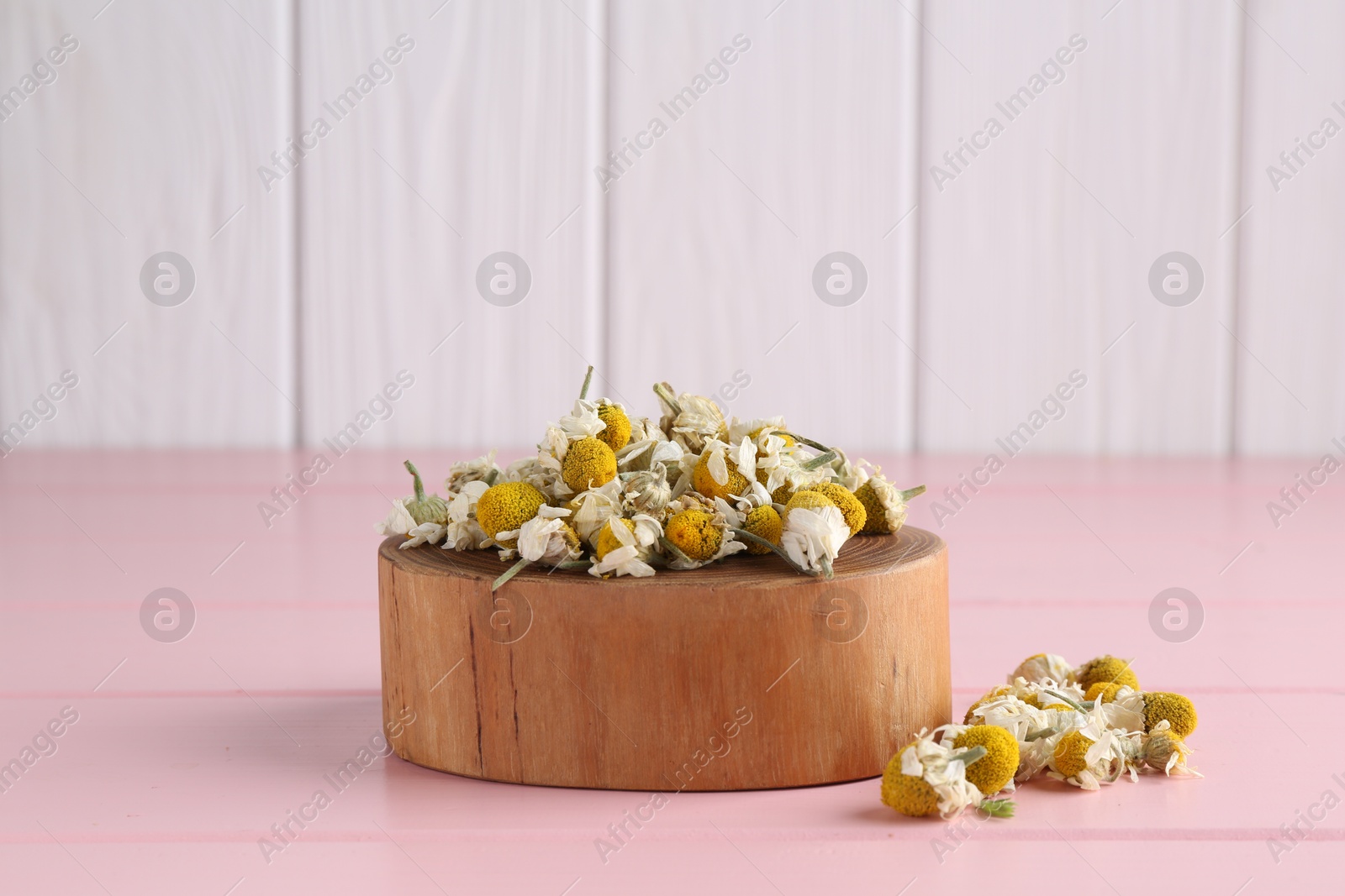 Photo of Chamomile flowers and stump on pink wooden table