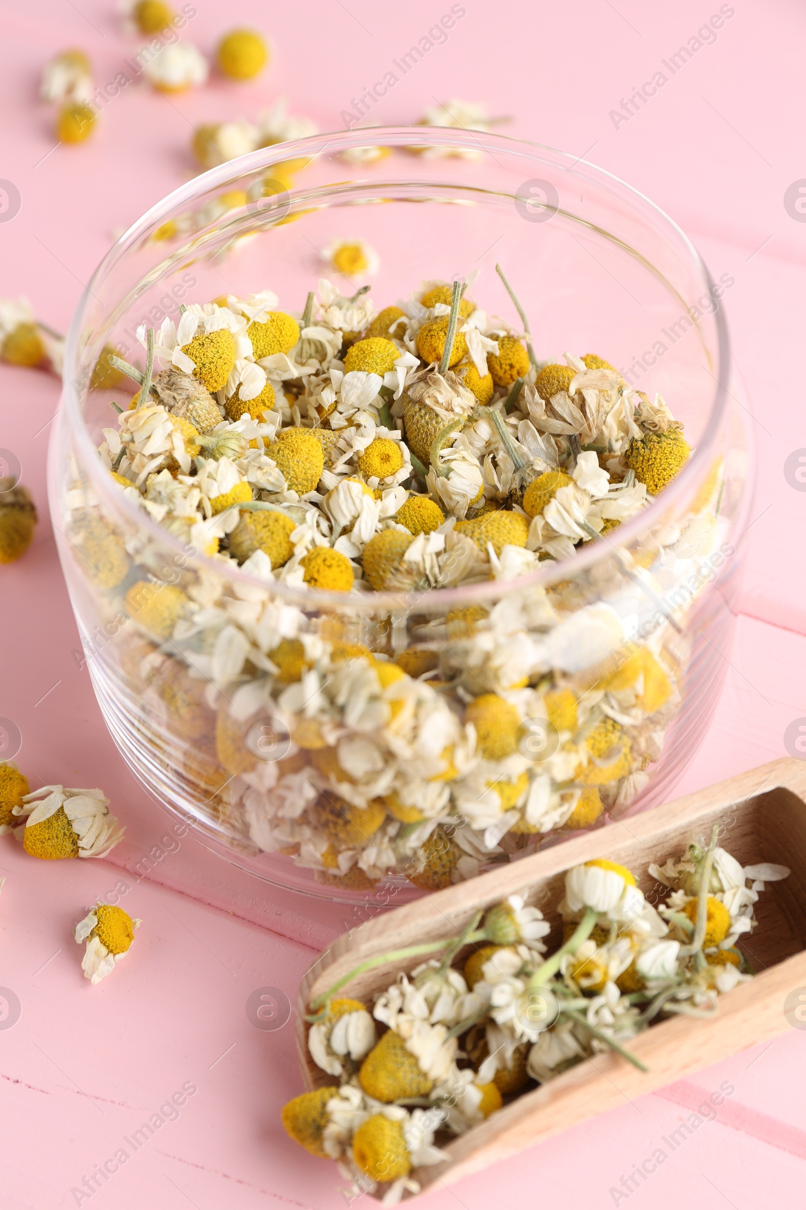 Photo of Chamomile flowers in glass jar and scoop on pink wooden table, closeup