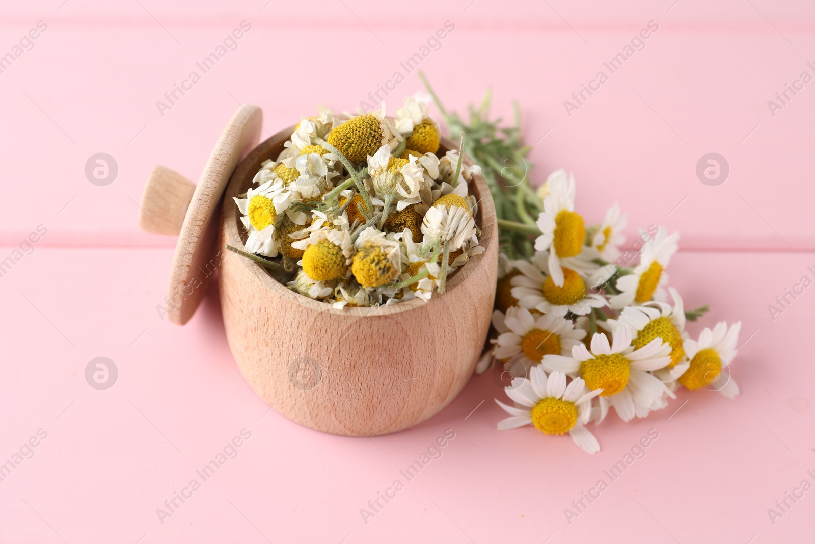 Photo of Dry and fresh chamomile flowers in bowl on pink wooden table, closeup