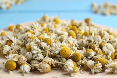 Photo of Chamomile flowers on light blue background, closeup