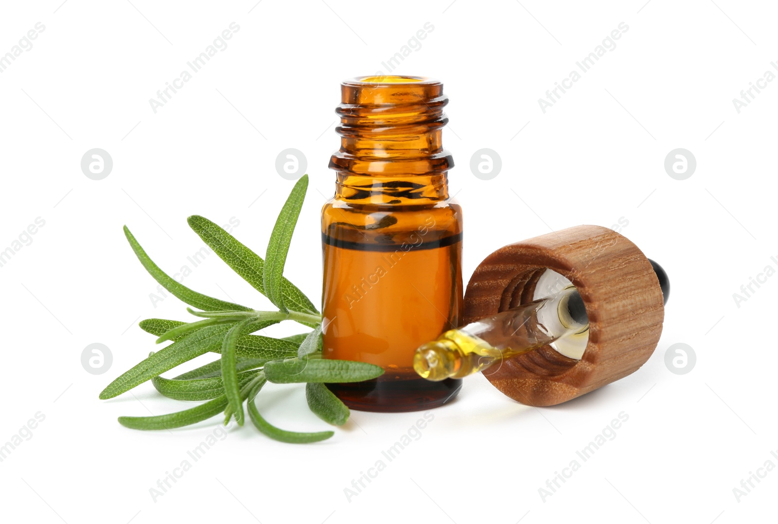 Photo of Aromatic essential oil in bottle, pipette and rosemary isolated on white