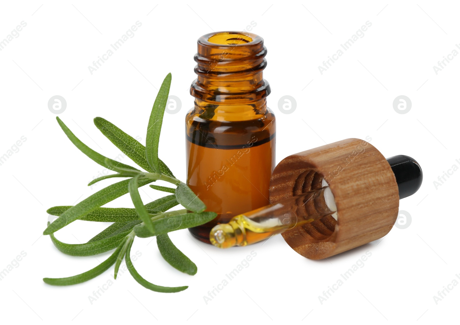 Photo of Aromatic essential oil in bottle, pipette and rosemary isolated on white