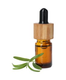 Photo of Aromatic essential oil in bottle and rosemary isolated on white