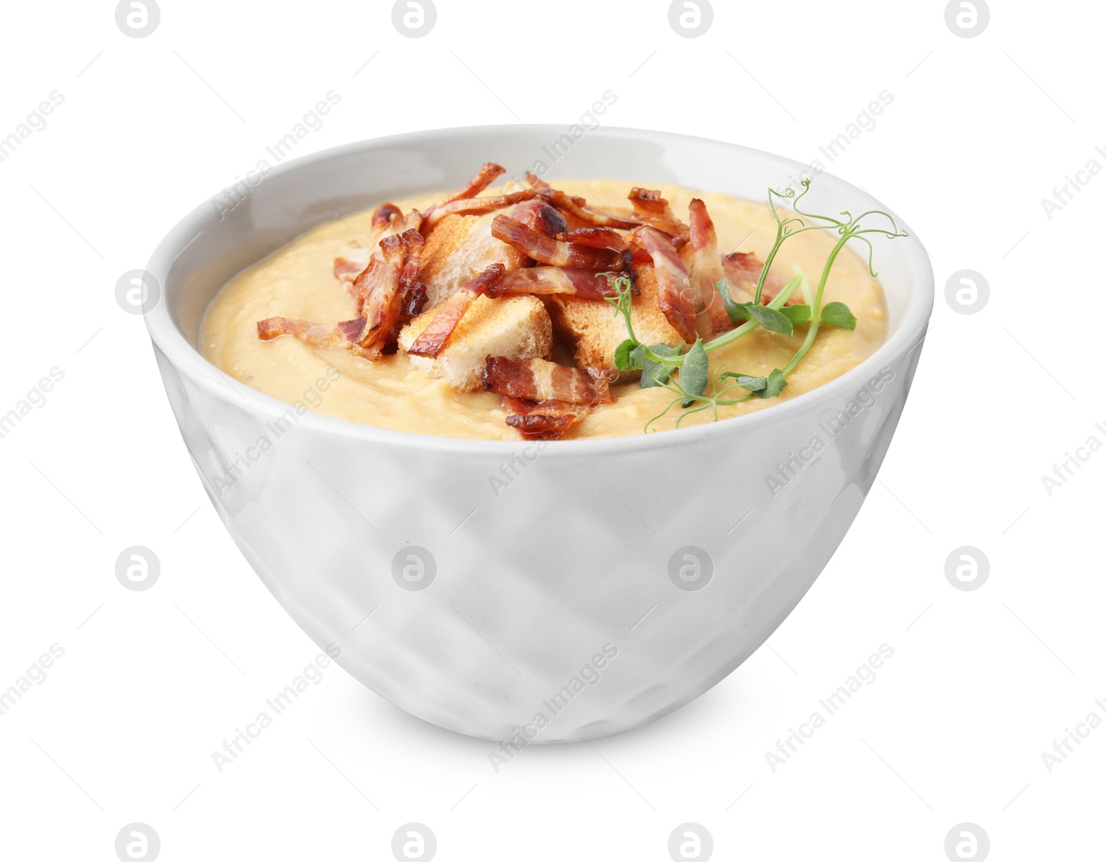 Photo of Delicious lentil soup with bacon and croutons isolated on white