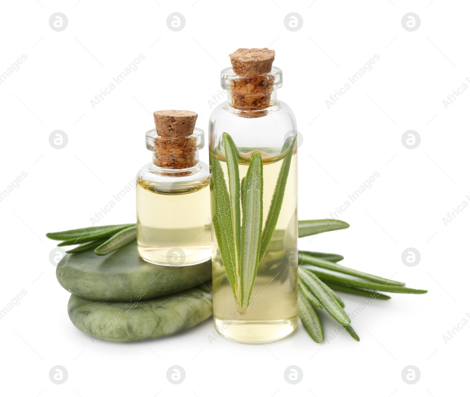 Photo of Bottles of rosemary essential oil and spa stones isolated on white