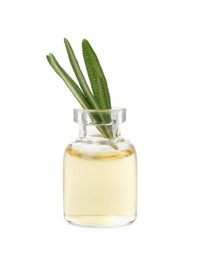 Photo of Bottle with essential oil and rosemary isolated on white