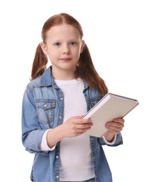 Photo of Cute little girl with book on white background