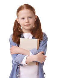 Cute little girl with book on white background