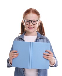 Photo of Smiling girl with book on white background