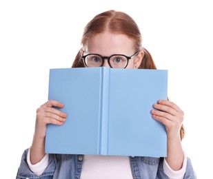 Cute little girl with book on white background