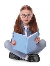 Photo of Cute little girl with book on white background