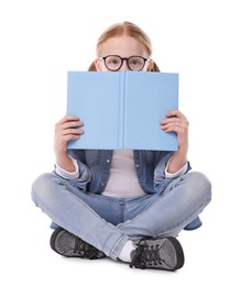 Photo of Cute little girl with book on white background