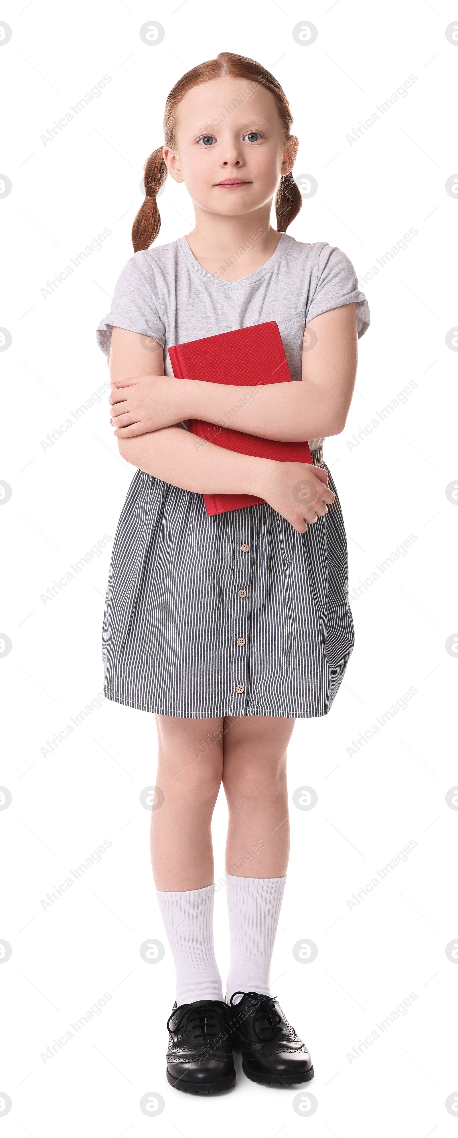 Photo of Cute little girl with book on white background