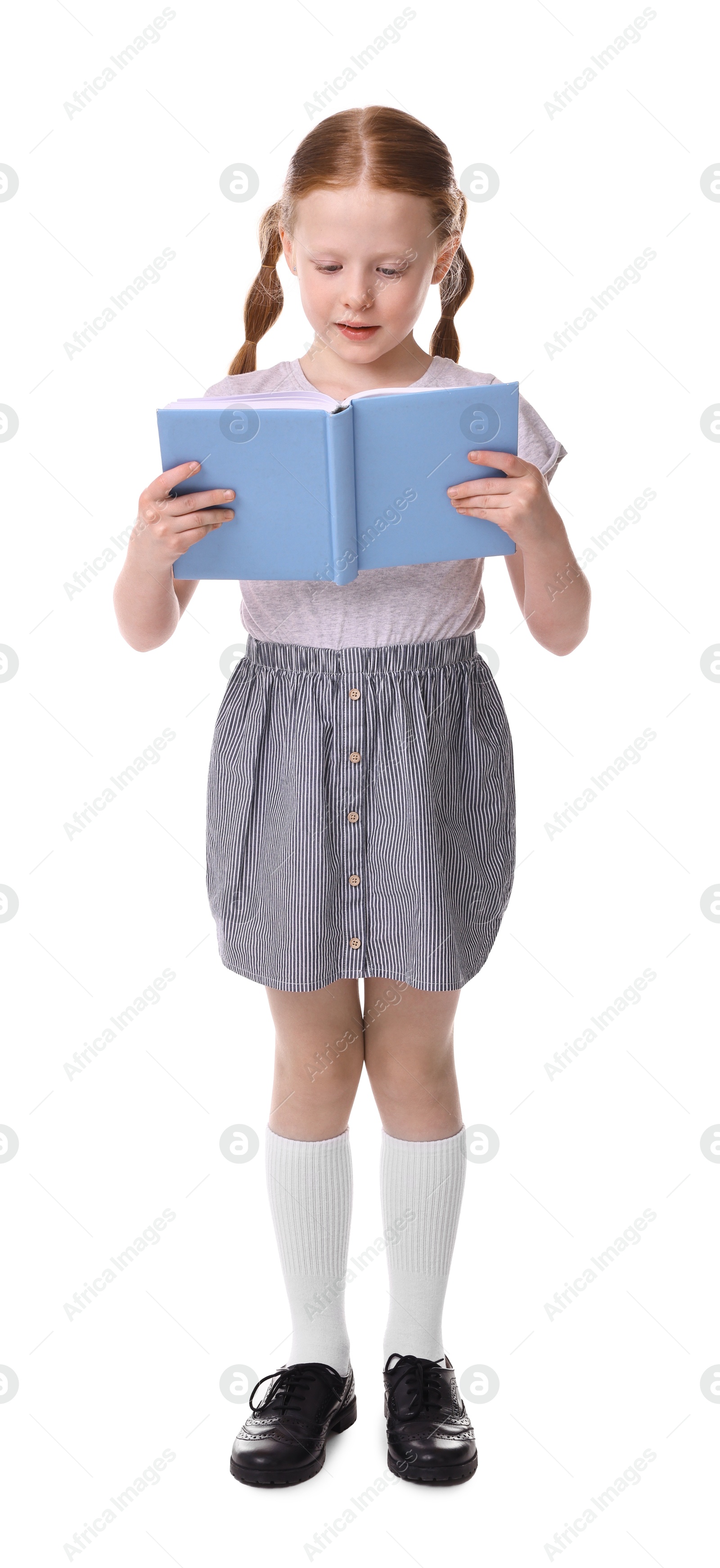 Photo of Cute little girl reading book on white background