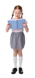Photo of Cute little girl reading book on white background