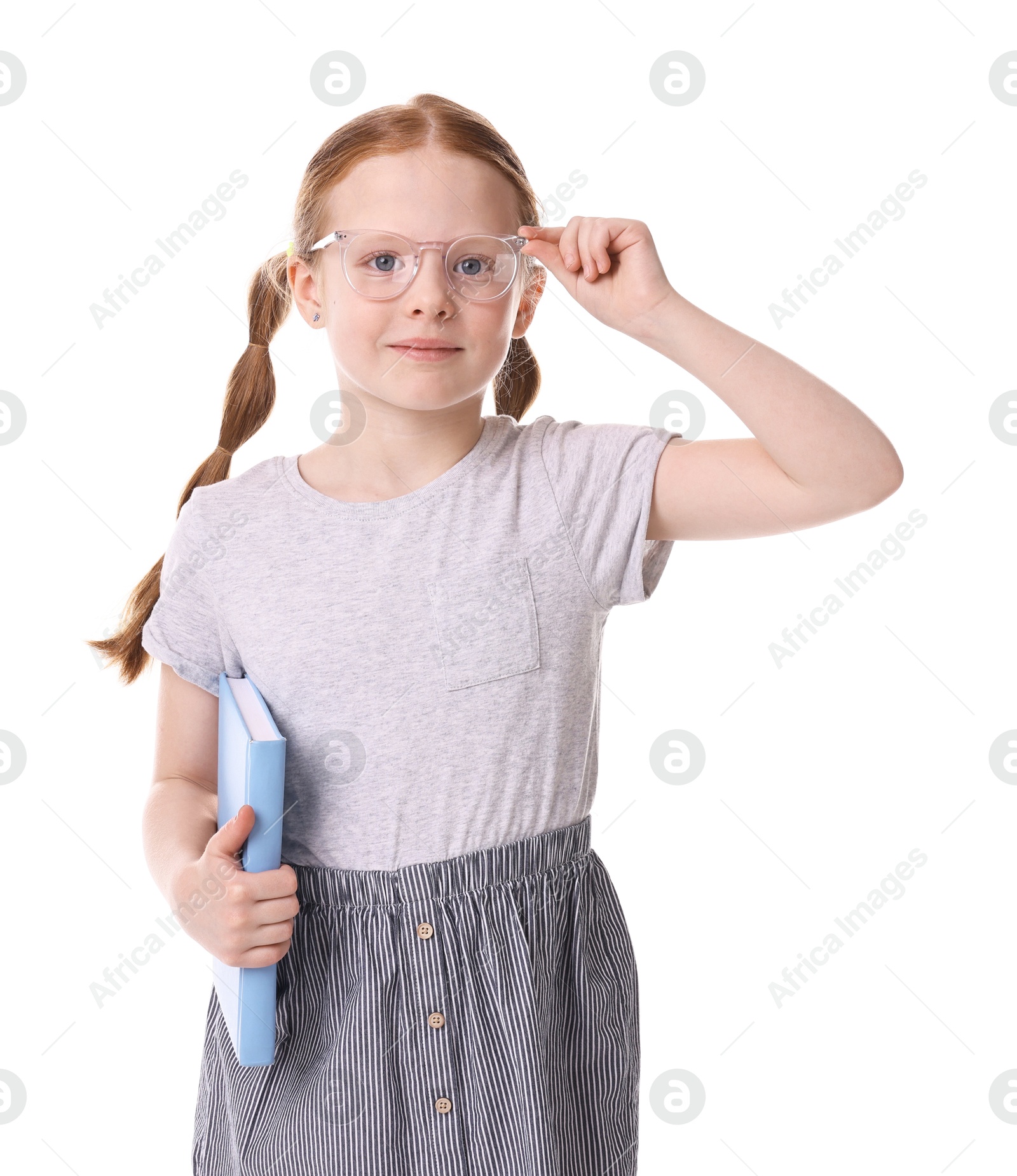 Photo of Cute little girl with book on white background