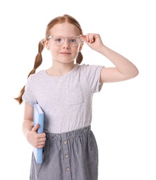 Photo of Cute little girl with book on white background