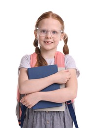 Photo of Smiling girl with books and backpack on white background