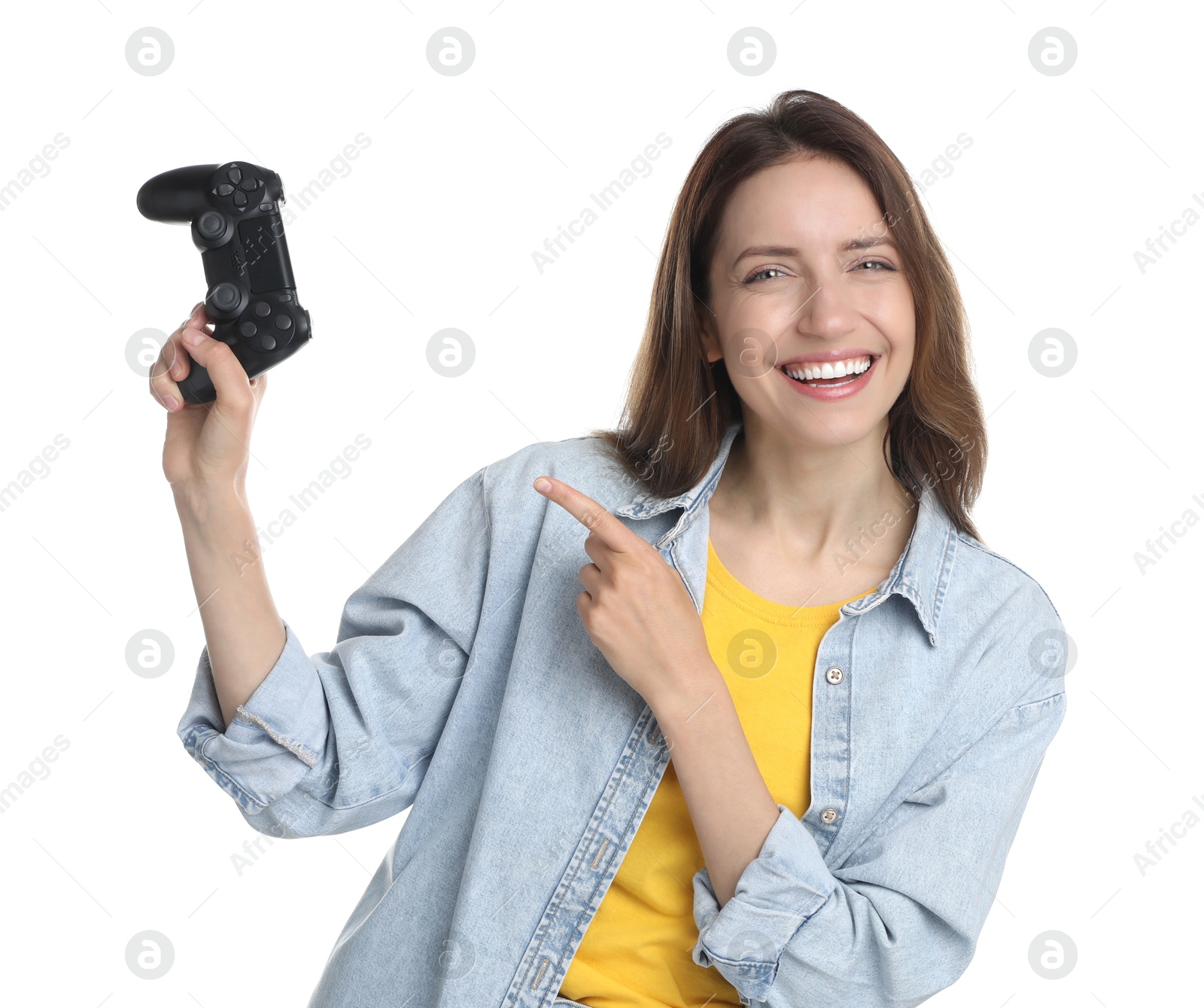 Photo of Happy woman with game controller on white background