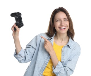 Happy woman with game controller on white background