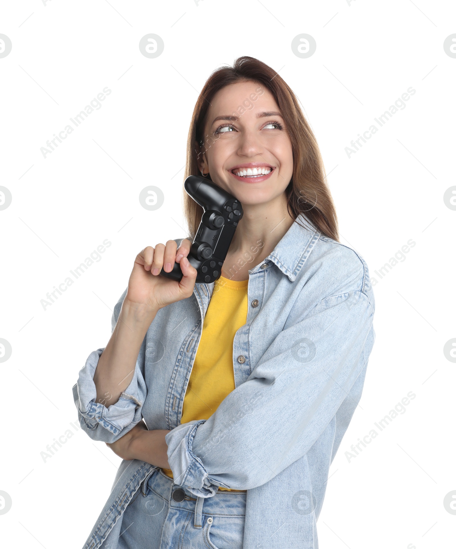 Photo of Happy woman with game controller on white background