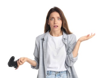 Photo of Confused woman with game controller on white background