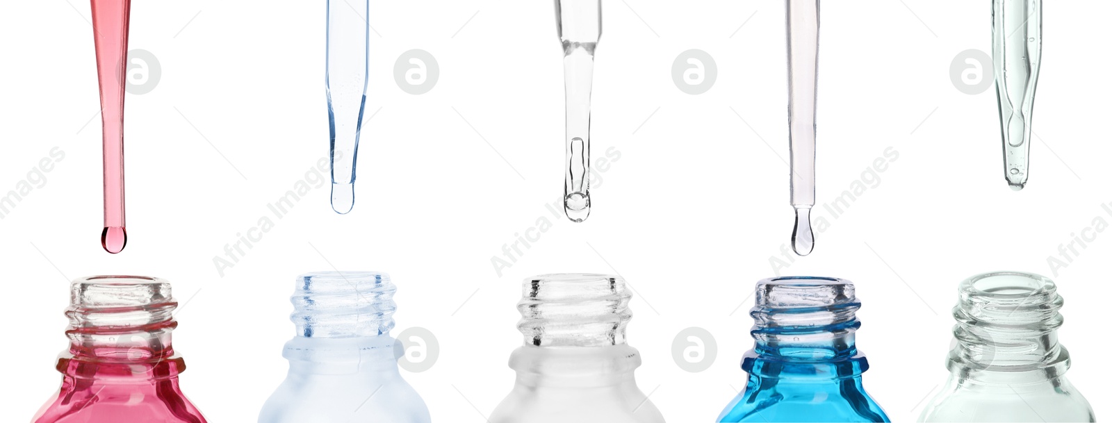 Image of Pipettes with different cosmetic products over bottles isolated on white, collection