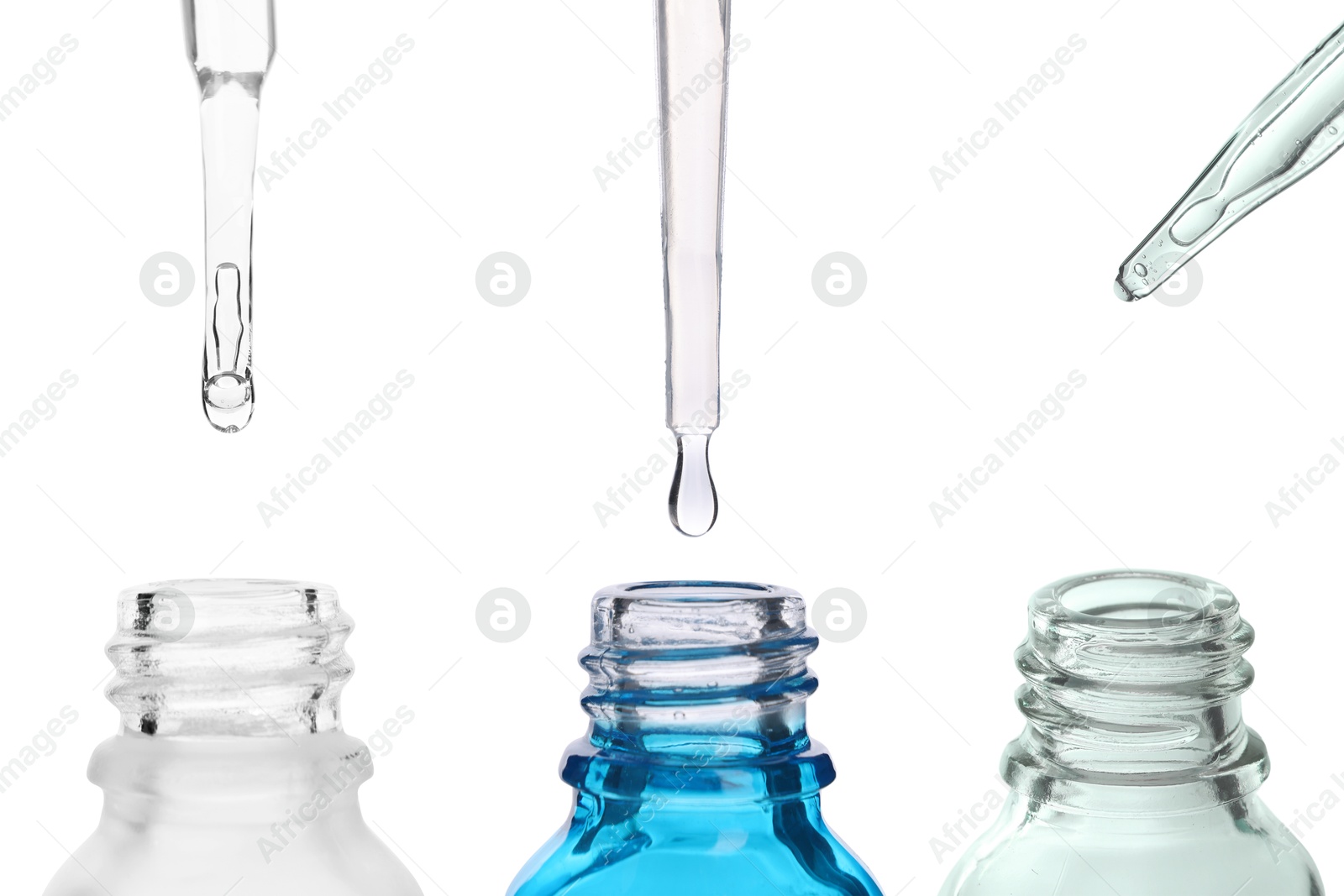 Image of Pipettes with different cosmetic products over bottles isolated on white, collection