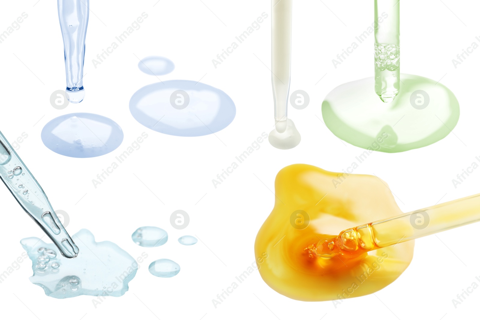 Image of Pipettes with different cosmetic products isolated on white, collection