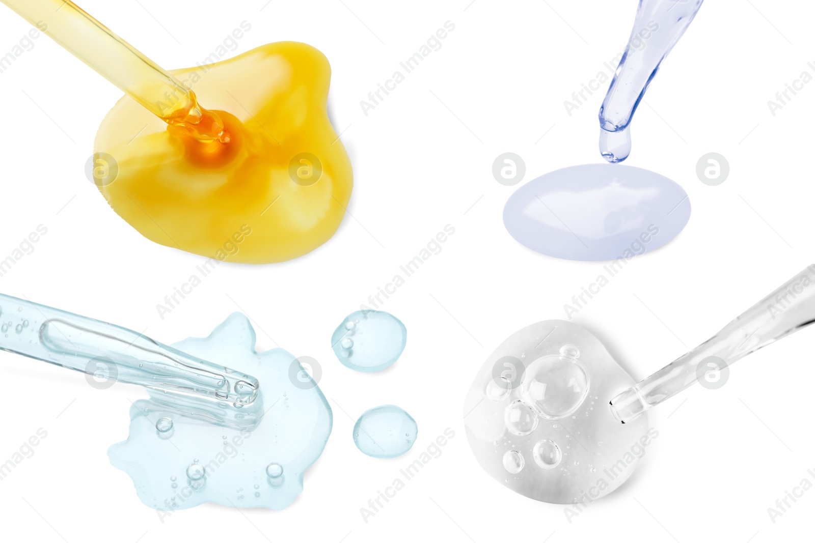 Image of Pipettes with different cosmetic products isolated on white, collection