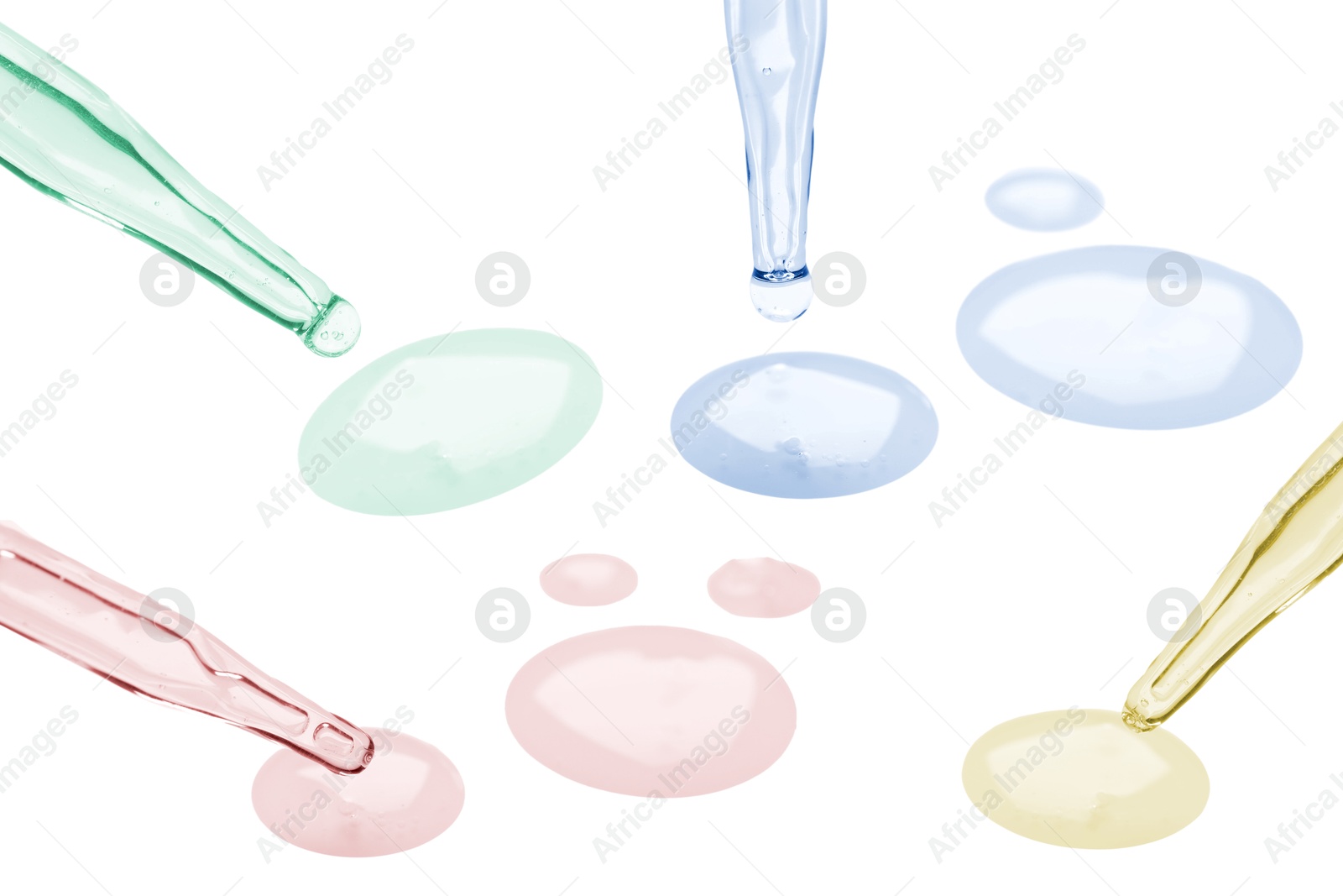 Image of Pipettes with different cosmetic products isolated on white, collection